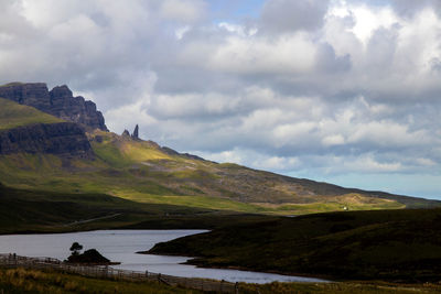 Scenic view of land and mountains against sky