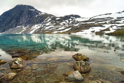 Scenic view of lake and snowcapped mountains against sky