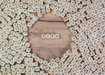 Directly above shot of spam text amidst wooden cubes