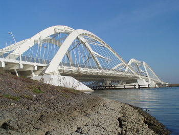 Bridge over river against clear blue sky