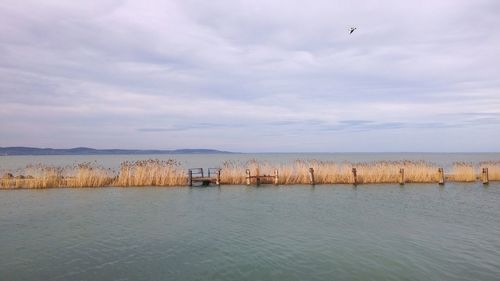 Pier on sea against cloudy sky