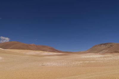 Scenic view of desert against clear blue sky