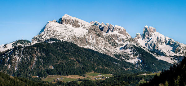 Scenic view of mountains against clear blue sky