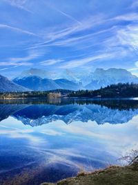 Scenic view of lake and mountains against sky