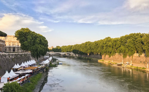 River amidst trees against sky in city