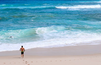 Rear view of friends standing on beach