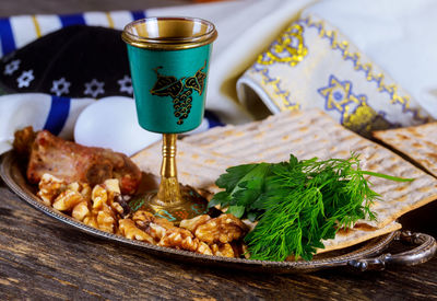 Close-up of food served on table