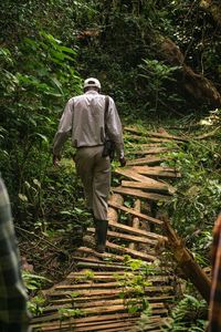 Rear view of man walking in forest