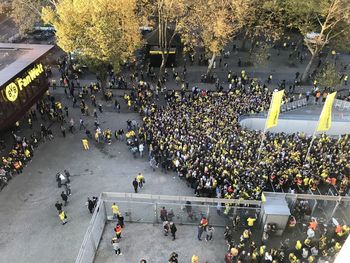 High angle view of people on street in city