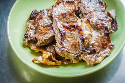 High angle view of meat in plate