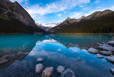 Scenic view of lake by mountains against sky