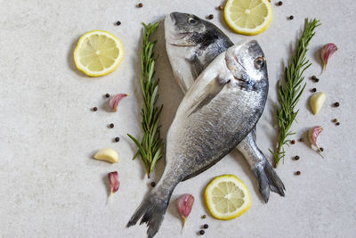 Two fresh raw sea organic dorado or sea bream with spices and lemon