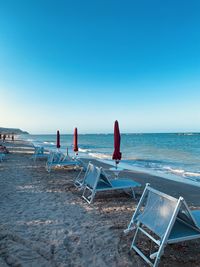 Scenic view of beach against clear blue sky