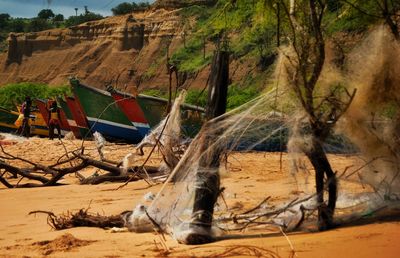 Fisher nets drying  in sangano  beach in angola