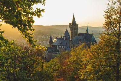 Trees and buildings against sky during autumn