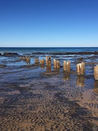 Wooden posts on beach against clear sky