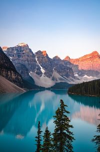 Scenic view of lake by mountains against sky