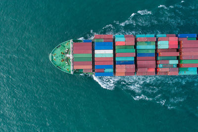 High angle view of container ship in sea