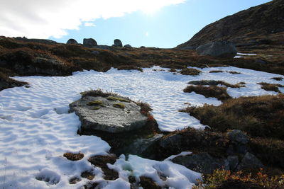 Scenic view of waterfall against sky during winter