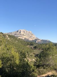 Scenic view of mountains against clear blue sky