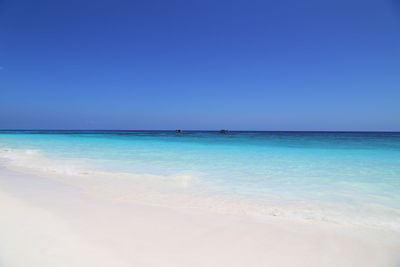 Scenic view of beach against clear blue sky