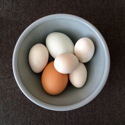 High angle view of eggs in bowl