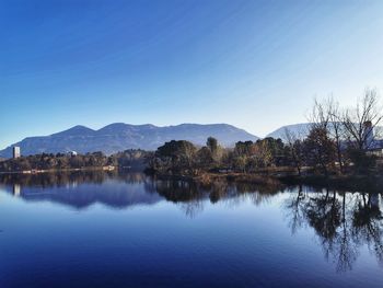 Scenic view of lake by trees against clear blue sky