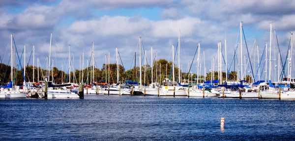 Sailboats moored in sea against sky