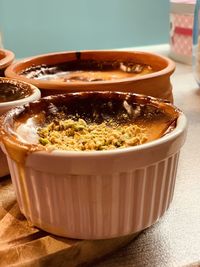 High angle view of soup in bowl on table