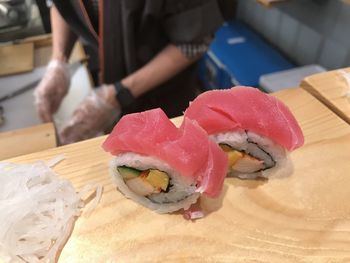 Close-up of sushi on tray