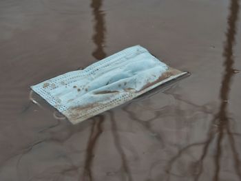 High angle view of ice on wet glass