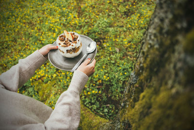 High angle view of hand holding ice cream