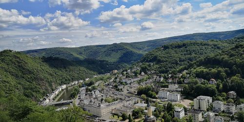 High angle view of trees on landscape against sky