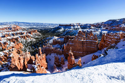 Panoramic view of snowcapped mountains against clear blue sky