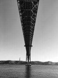 Low angle view of april 25th bridge over tagus river against sky