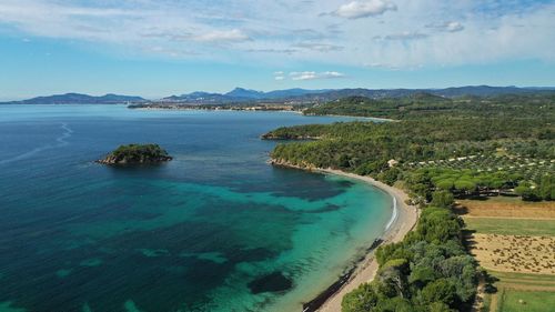 High angle view of bay against sky
