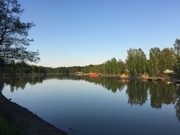 Scenic view of lake against clear blue sky