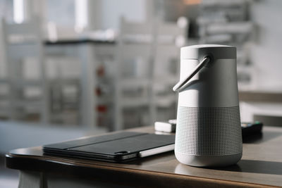 Close-up of speaker on table