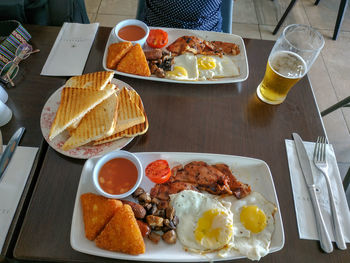 High angle view of breakfast served on table