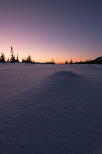 Scenic view of winter landscape against clear sky during sunset
