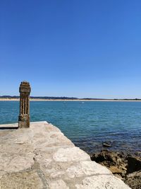 Scenic view of sea against clear blue sky