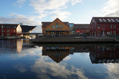 Reflection of building in lake against sky