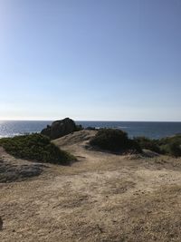 Scenic view of sea against clear blue sky