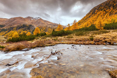 Scenic view of river by mountains against sky