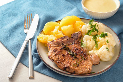 High angle view of food in plate on table