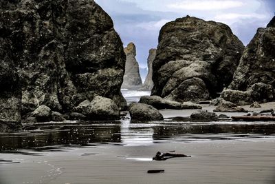 View of ducks on rock formation against sky