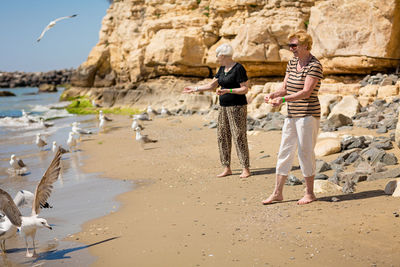 Two senior women in black sunglasses feeding seagulls on the rocky beach