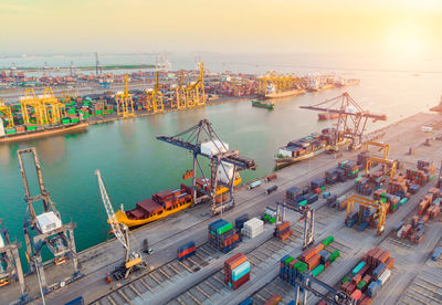 High angle view of commercial dock against sky