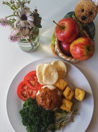 High angle view of breakfast served on table