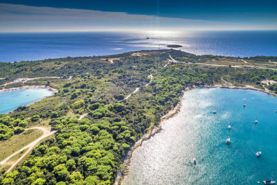 High angle view of bay against sky